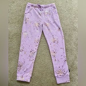 PIXIE LANE GIRLS JOGGERS LAVENDER GOLD SILVER PAINT SPLATTER SIZE 9/10 NWOT